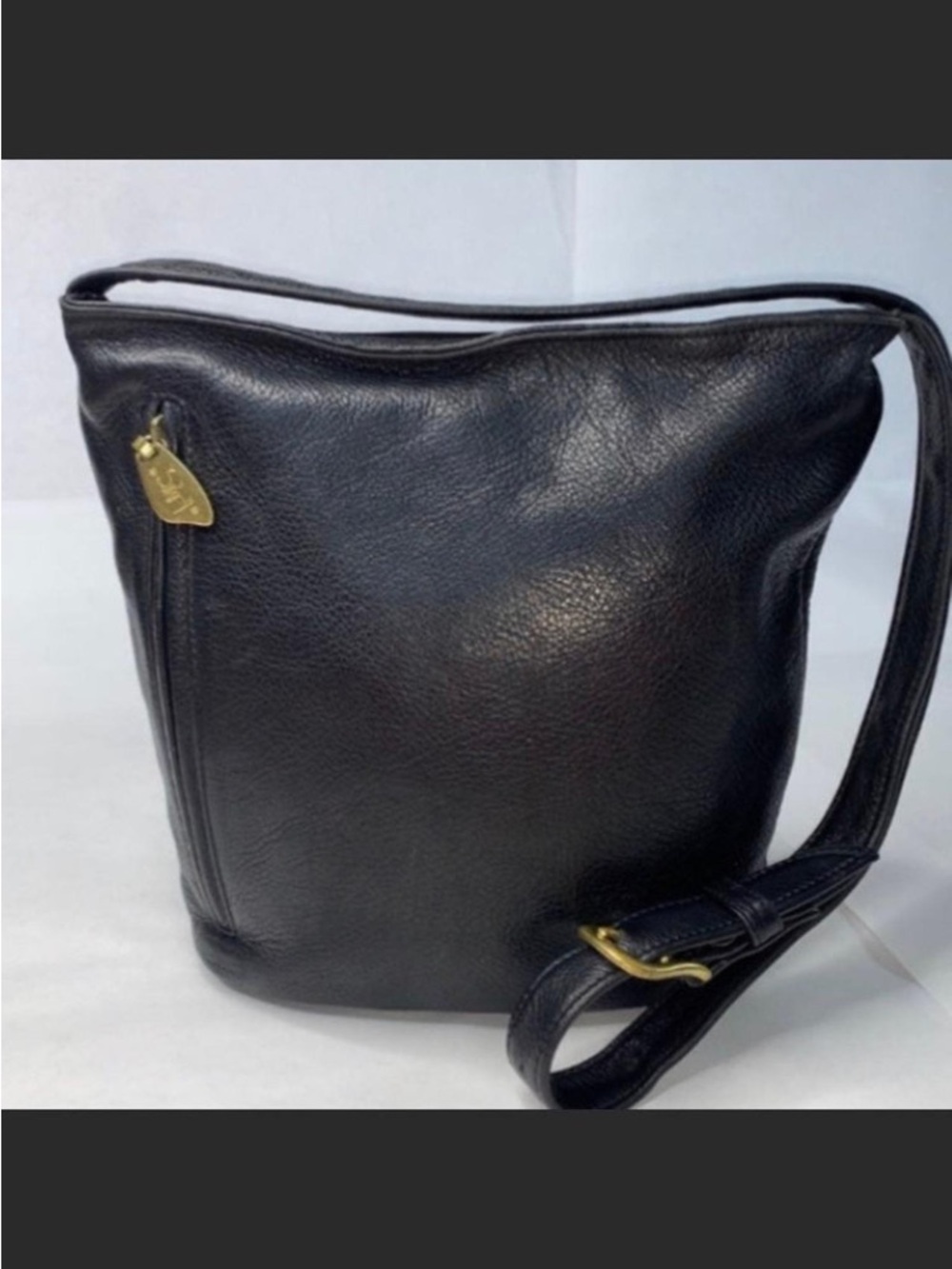 Libaire vintage black leather crossbody shoulder bag zip closure pockets